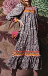 Celiab Blue Corduroy Floral Papyrus Peasant Midi Dress Size XS Boho Photo 0