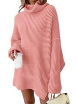 Turtleneck Sweater Womens Large Pink Oversized Batwing Sleeve Ribbed Dress D2 Photo 0