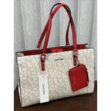 Calvin Klein  Monogram Signature Cream w/Red Satchel Hand-Bag Khaki Logo H7DDJ6YQ Photo 0