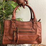 Brown leather shoulder hand bag satchel purse boxy briefcase style gold tone accents, multiple pockets #western #boho #indie Approx 12” wide x 7” tall x 3.5” deep Photo 0