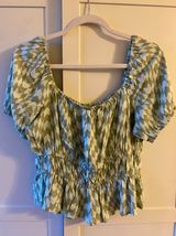Green Patterned Off the Shoulder Short Sleeve Top Photo 0