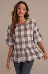 Brown Plaid Short Puff Sleeve Peplum Top Photo 0
