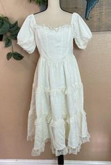NWOT Lulus Gorgeously Romantic Ivory Lace Puff Sleeve Tiered Midi Dress Photo 0