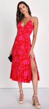 Lulus Vibrant Moment Red and Pink Floral Pleated Lace Up Midi Dress Party XL NWT Photo 0