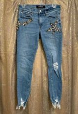 Express Ankle Mid Rise Rhinestone Floral Distressed Skinny Jeans Size 4 Photo 0