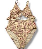 Hurley Cherry Blossom One-Piece Ruffle Lace-Up Back Swimsuit Cutout Pink Large Photo 0