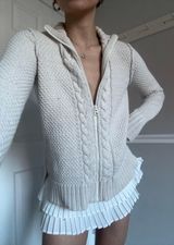 Vintage Cream Beige Cable Knit Collared Zip Up Sweater Photo 0