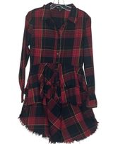 Belle Vere Sz M Plaid Frayed High Low Button Up Top Studded Waist Red Black Photo 0