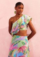 Farm Rio NWT Beach Vibe Multicolor Top blue pink green ruffle women’s size L Photo 0