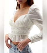 Free People Chloe Ruched Sweetheart Neck Long Sleeve Top Ruffle Hem Cream Size M Photo 0