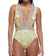 River Island Yellow Metallic Paisley Plunge Swimsuit Size 4 US NWT Photo 0