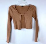 LA Luxe Brown Cardigan Pullover Front Top Connected Ribbed Long Sleeve Crop Size XS Photo 0