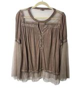 POL Blouse Women M Brown Peasant Top Mesh Sheer Boho Lightweight Fairy Grunge Photo 0