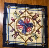 Longchamp Square Silk Scarf Ribbon Design Navy Border 90x90 cm 35x35 inches Photo 0