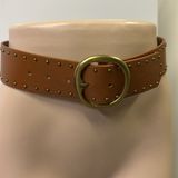 2 Inch Wide Tan Brown Studded Elastic Back Fashion Belt with Gold Buckle 33 inch Photo 0