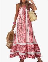NEW Spaghetti Strap Smocked Ruffle Flowy Boho Maxi Dress 2X Red Photo 0