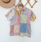 Sacred Threads Patchwork Short Sleeve Button Down Top Photo 0