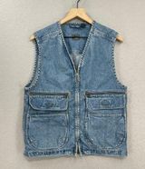 Vintage Liz Wear Vest Womens Small Blue Jean Denim Zip Up Cargo Pockets Fishing Photo 0