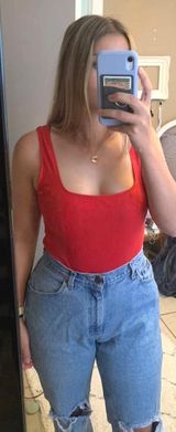 Divided Ribbed Square Neck Red Bodysuit Photo 0