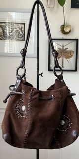 Brighton Starry Suede Drawstring Bag Chocolate Brown Large Purse Leather Strap Photo 0