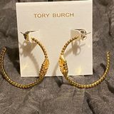 Tory Burch  gold tone hoops with logo. New. Rope design Photo 0