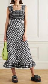 Ganni Smocked Maxi Midi Dress Black White Plaid Picnic Checked Fit and Flare 42 Photo 0