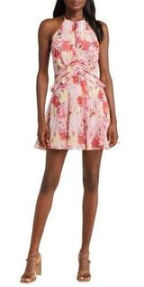 Floret Studios Pink Multi Floral Chiffon Ruffle Halter A-Line Mini Dress XS NWOT Photo 0