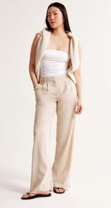 Abercrombie Linen-Blend Tailored Wide Leg Pant in Light Beige Photo 0