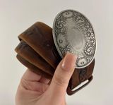 REI Dark Brown Tooled Leather Western Large Oval Floral Engraved Buckle Belt Photo 0