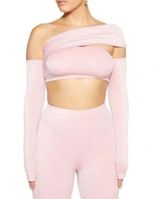 Naked Wardrobe Pink Sparkle Overly Long Sleeve Off the Shoulder Crop Top Size S Photo 0