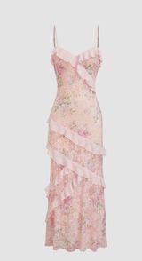 LACE V-NECK FLORAL RUFFLE MAXI DRESS Photo 0