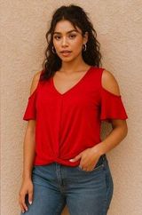 NWT INC Cold Shoulder Jersey Crepe Draped Blouse Red Medium Professional Top Photo 0