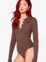 Nasty Gal Brown Ribbed Long Sleeved Bodysuit Women’s US Size 4 Photo 0