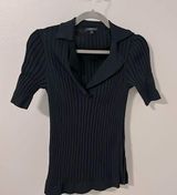 Lafayette 148 women’s black ribbed v neck short sleeve collared shirt size M Photo 0