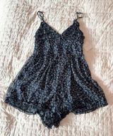 Altar’d State Navy Blue Floral Ruffle Flowy Romper Size Medium Photo 0