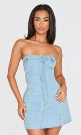 Petite Light Blue Wash Denim Bandeau Mini Dress Photo 0