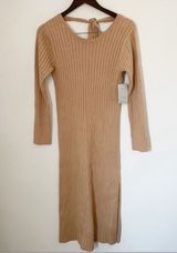 Wayf Ribbed Knit Sweater Dress Midi Tan Cutout Tie Emily x Dede Size Small New Photo 0