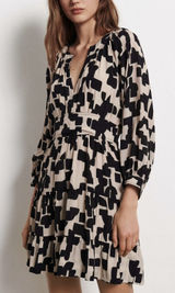 BA&SH Pulse Printed Split Neck Mini Dress In Black Photo 0