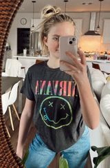 Nirvana Women's  Neon Smile Short Sleeve Boyfriend Graphic T-Shirt Photo 0