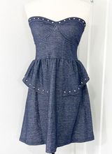 New American Eagle Medium Blue Strapless Studded Denim Peplum Dress Photo 0