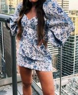 Akira Dress Blue Floral Time Flies Mini Dress w/ Puff Sleeves Sz S EUC Photo 0