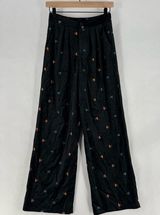 Black Plush Velvet Floral‎ Embroidered Pleated Front High Rise Wide Leg Pants Photo 0