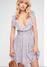 NWT Free People Light Blue & White Striped Ruffle Spaghetti Strappy Dress Small Photo 0