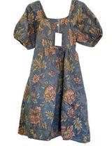 Polagram  Piper and Scoot Connerton Blue Floral Jacquard Puff Sleeve Dress Small Photo 0