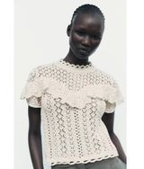 Zara Cream Crochet Open Knit Ruffle Mock Neck Short Sleeve Blouse Top Sz S Photo 0