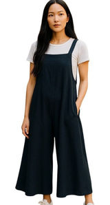 Boutique Linen Blend Overall Jumpsuit Navy Blue Size 2XL Minimalist Bohemian Cut Photo 0