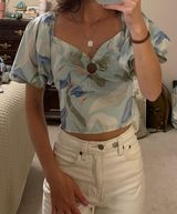 Blue Floral Puff Sleeve Poplin Top Photo 0