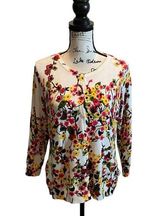 Joseph A  Silk Cardigan Sweater Floral White pink Size Large 3/4 Sleeve Statement Photo 0