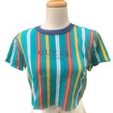 Guess  T-shirt Crop Top Short Sleeve Tee Colorful Green Striped Size XS Photo 0