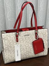 Calvin Klein  Monogram Signature Cream w/Red Satchel Hand-Bag Khaki Logo H7DDJ6YQ Photo 0